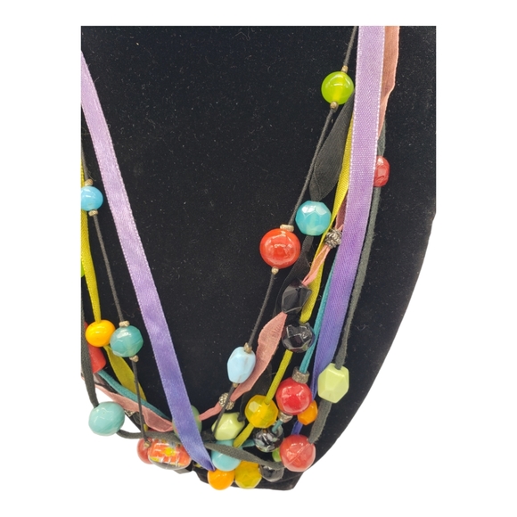 Multi-strand Ribbon Multicolor Beaded Necklace - Picture 5 of 5
